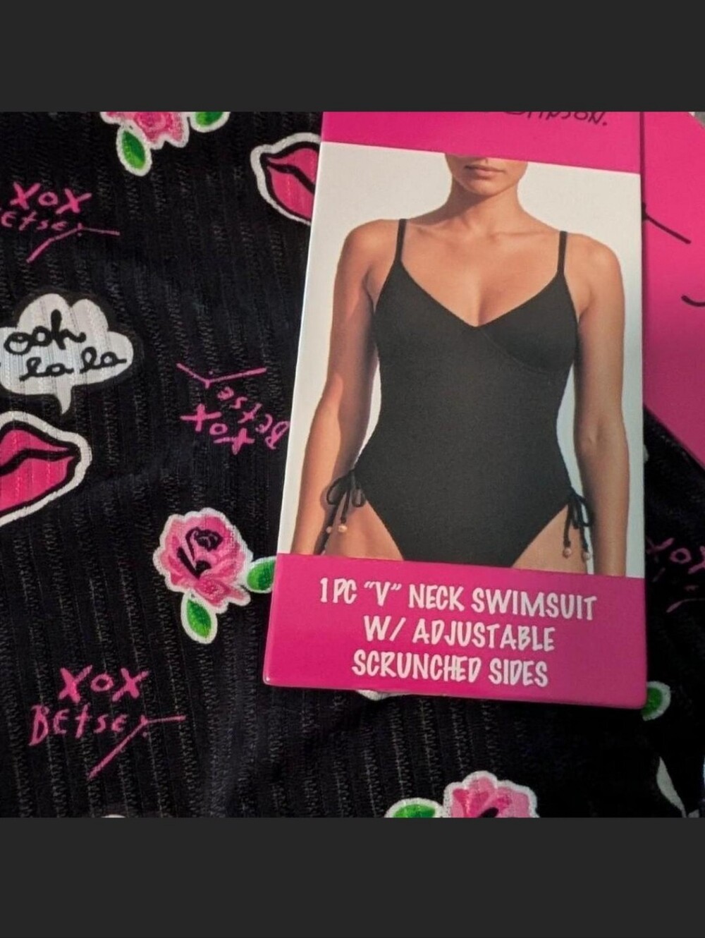 Betsey Johnson Black One-Piece V-Neck Swimsuit